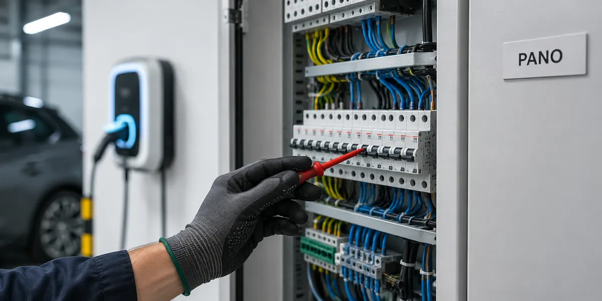 Görünmeyen yarı: pano, koruma ve topraklama kurulumun kalbidir Elektrik panosunda şarj istasyonu besleme hattının koruma şalterlerini kontrol eden elektrikçi eli