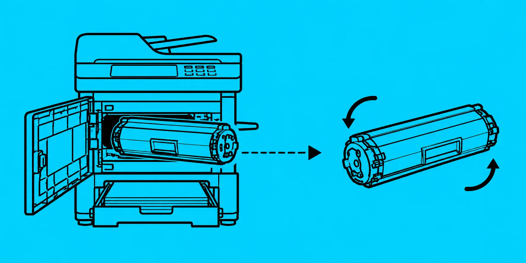 Fotokopi toner kartuşu değişim şeması Fotokopi makinesinde toner kartuşunun değiştirilme adımlarını gösteren şema