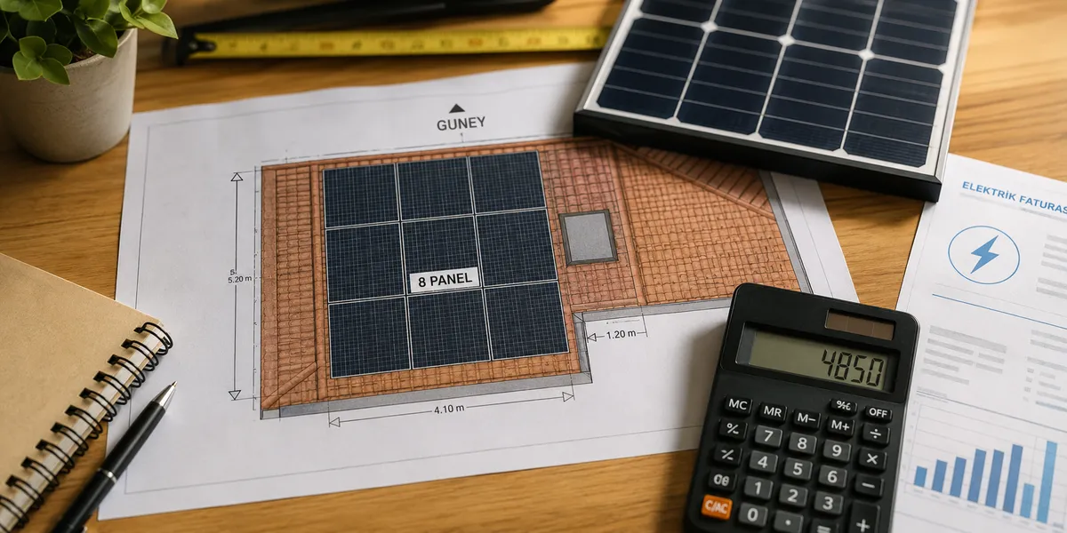 Boyutlandırmanın girdisi çatı değil faturadır Masada güneş enerjisi projesi çizimi, hesap makinesi ve elektrik faturası ile boyutlandırma çalışması
