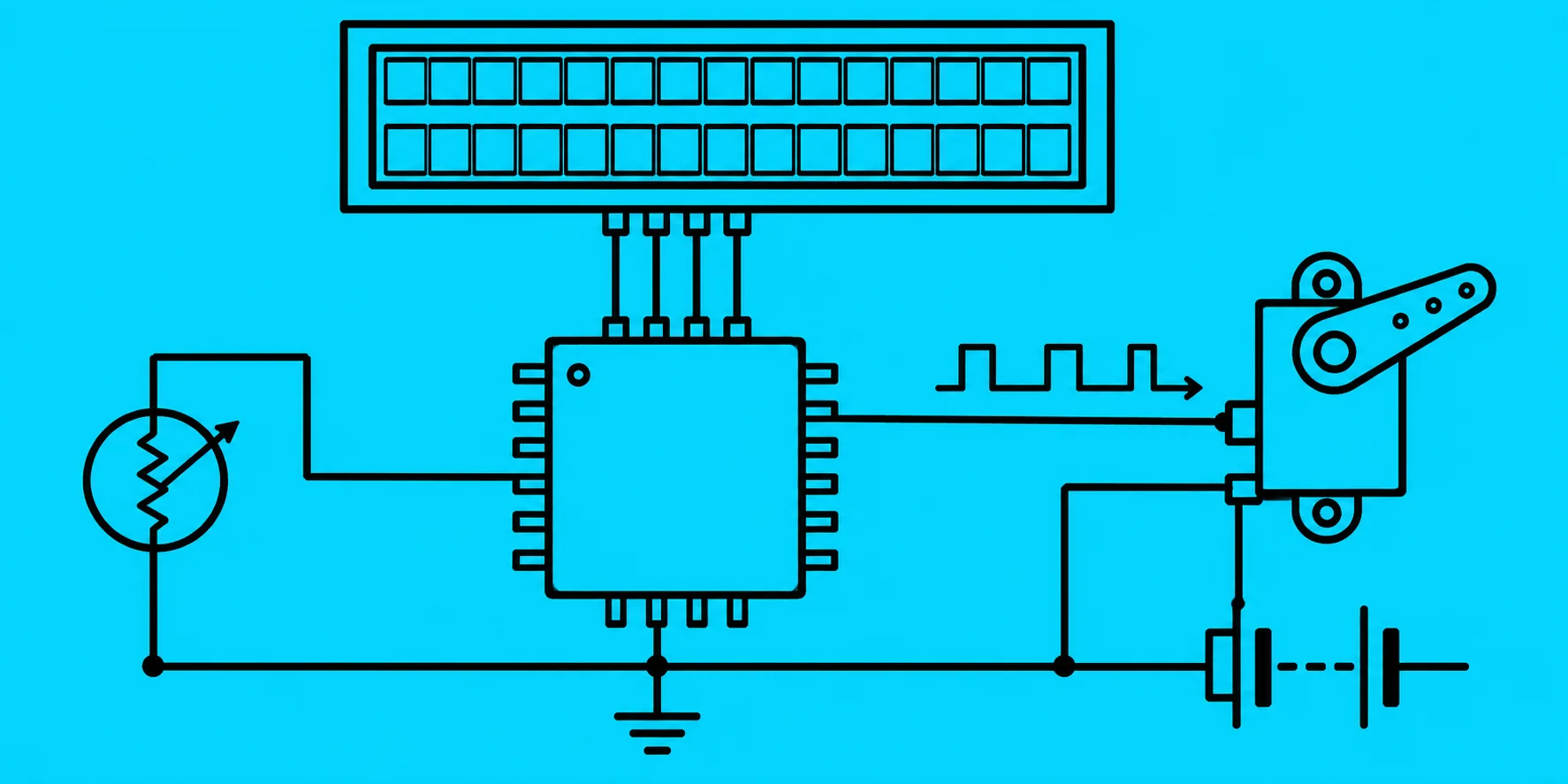 LCD ve servo kontrol devresinin bağlantı şeması Mikrodenetleyici, LCD ekran, servo ve potansiyometrenin bağlantı şeması